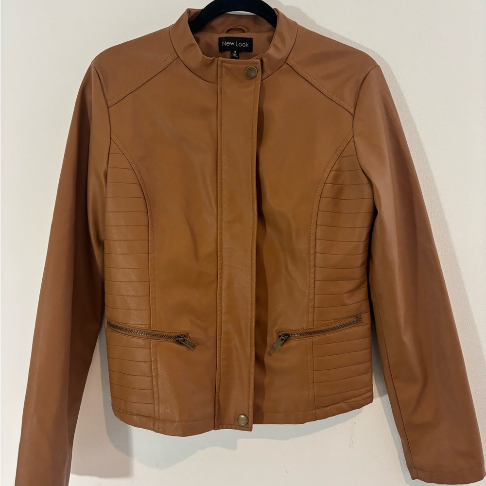 New Look Women Medium Faux Leather Camel Color Jacket Coat Zipper Closure Casual